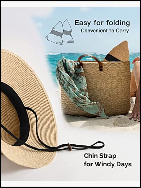 Foldable Straw Sun Hat UV Protection Adjustable Brim Beach Travel Summer